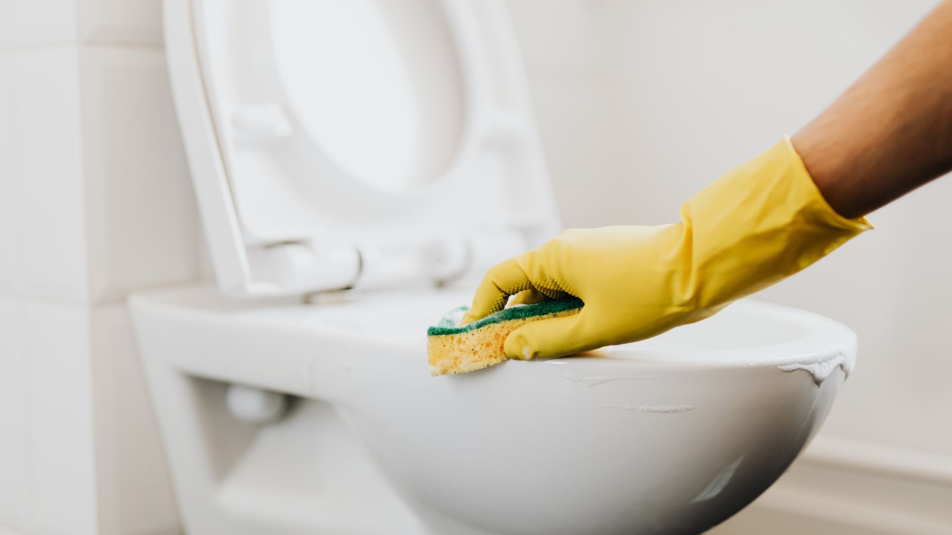 Yellow gloved hand cleaning white toilet with yellow and green sponge